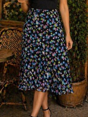 Allison Taylor Black Midi Skirt with Multicolor Dot Print